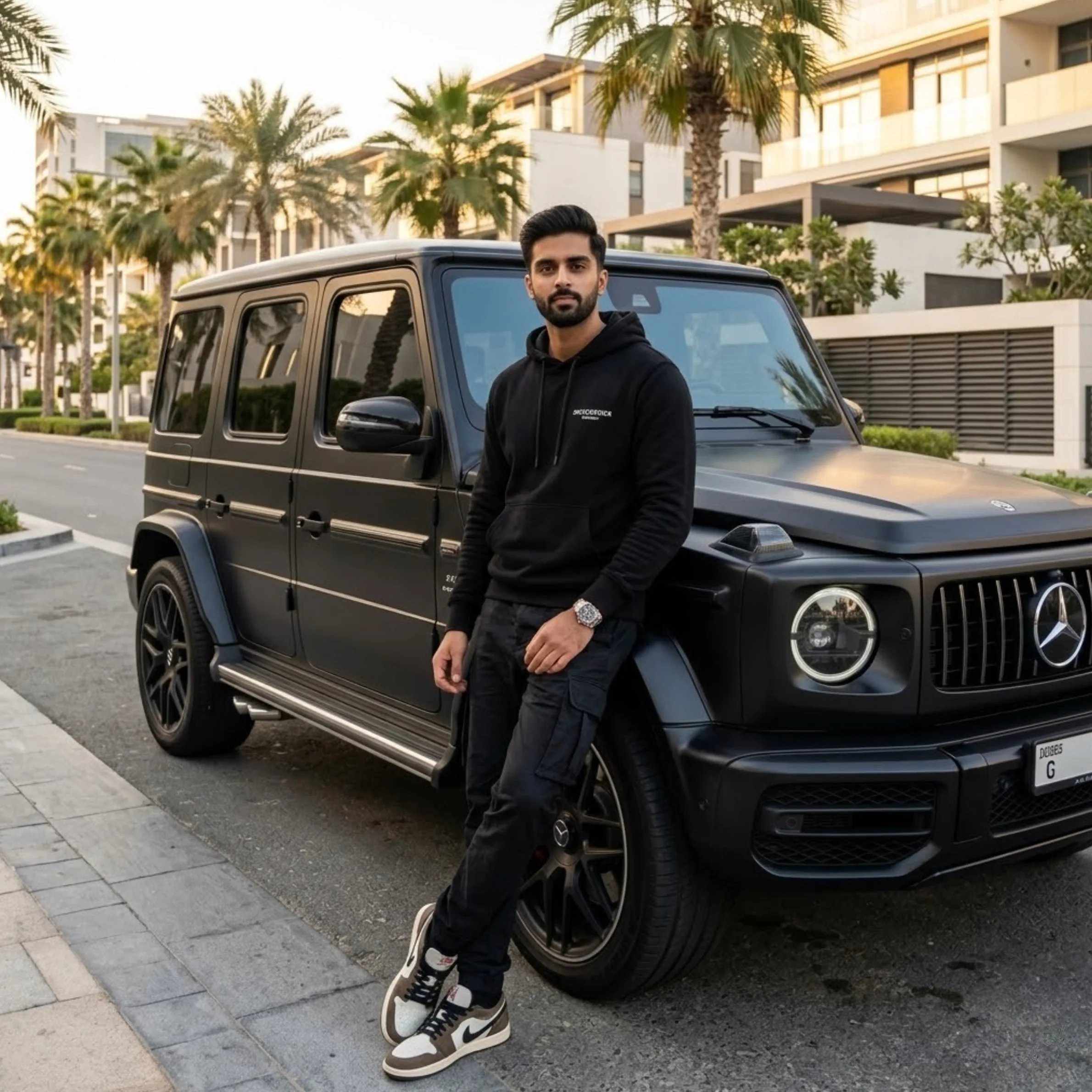 Prompt 7 Dubai new money G-Wagon street luxury male portrait